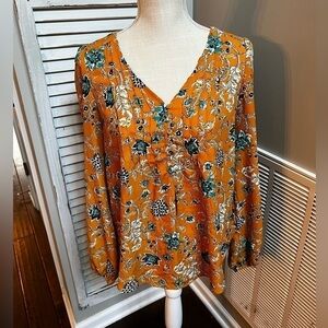 Women’s Cupcake and Cashmere fall yellow floral long sleeve blouse. Size Small